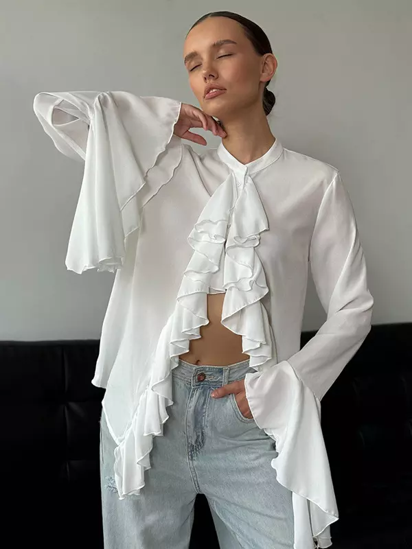 Casual Ruffled Blouse With Bell Sleeve Crew Neck Tops