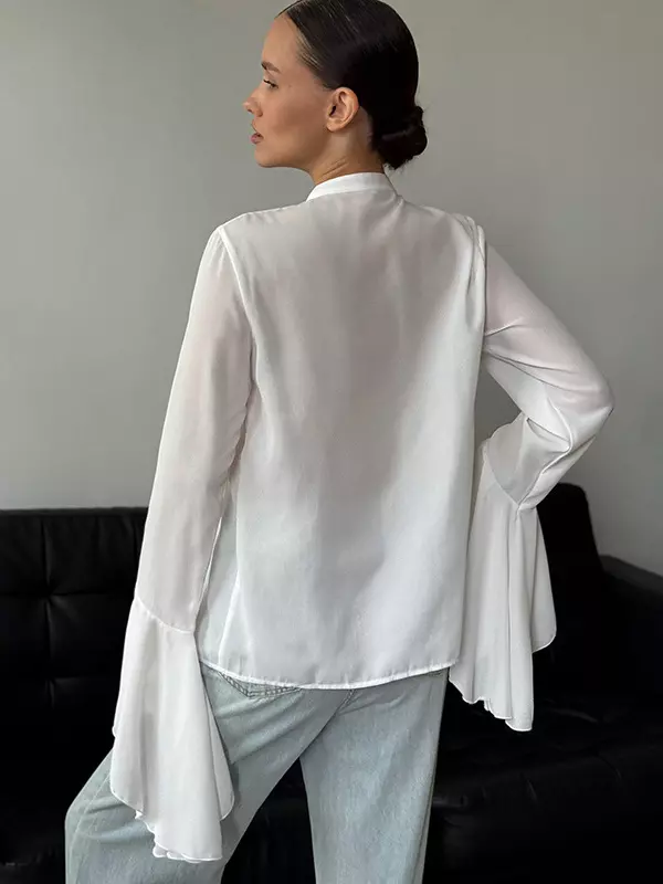 Casual Ruffled Blouse With Bell Sleeve Crew Neck Tops - Image 3