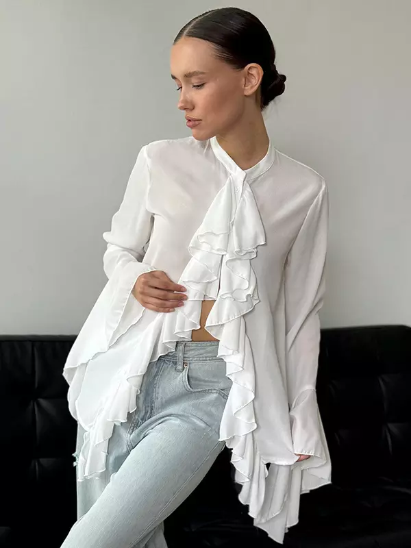 Casual Ruffled Blouse With Bell Sleeve Crew Neck Tops - Image 2