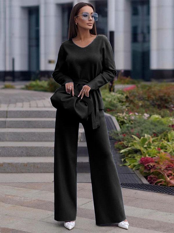 Casual Sash Solid Color V-neck Drawstring Pant Set