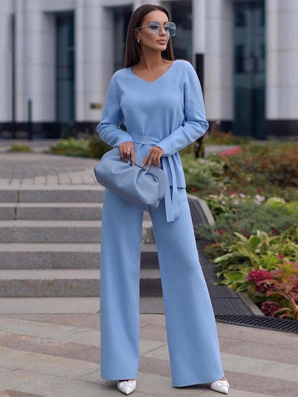 Casual Sash Solid Color V-neck Drawstring Pant Set - Image 3