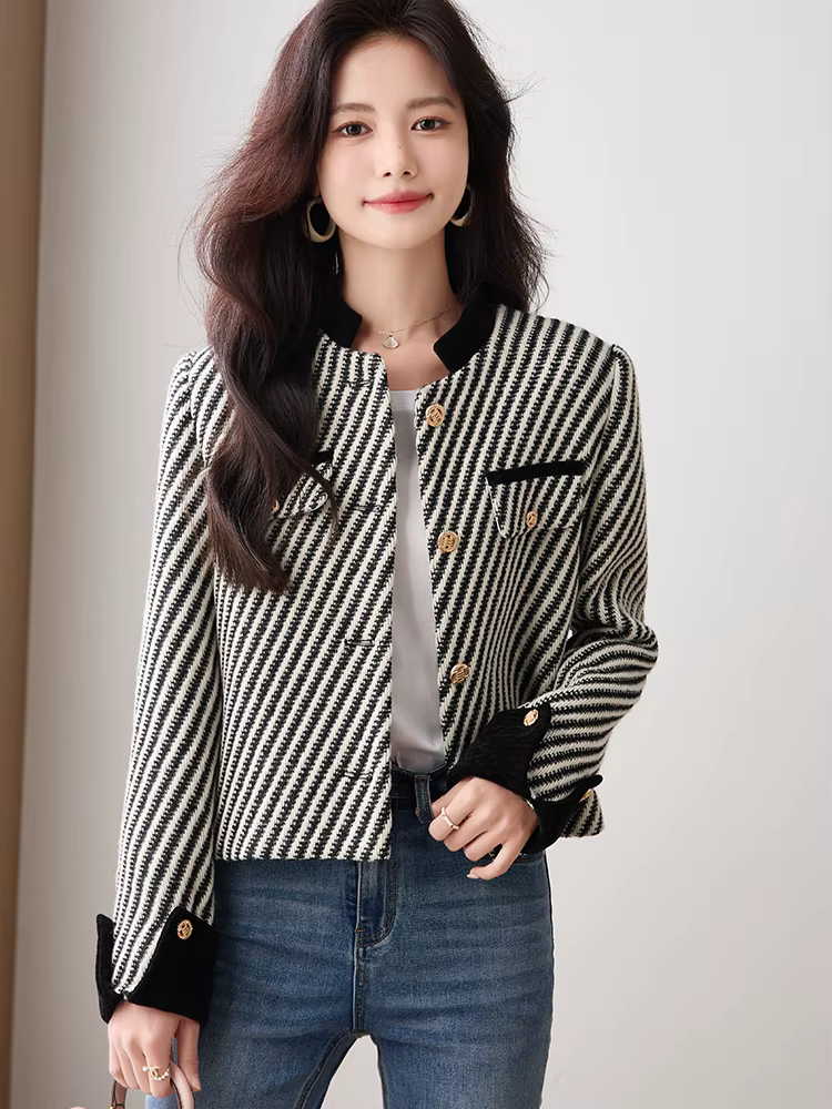 Casual Single Breasted Standard Long Sleeve Non Stretch Striped Blazer - Image 3
