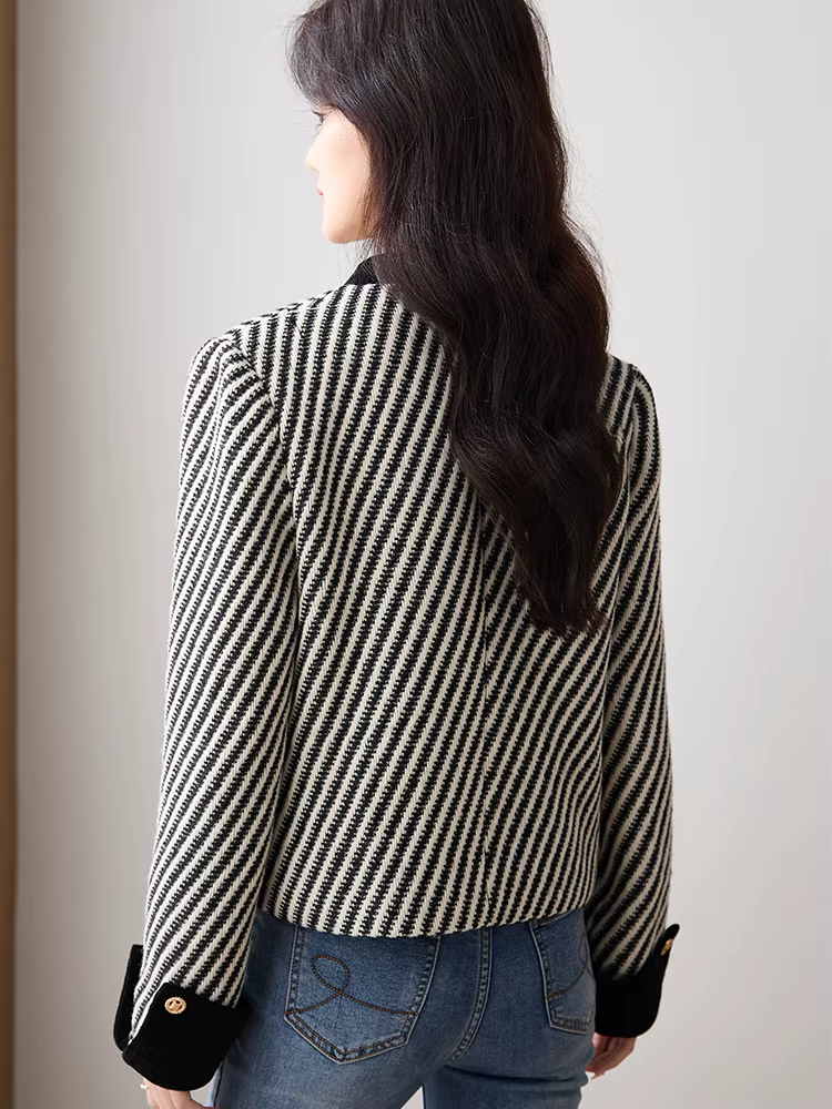 Casual Single Breasted Standard Long Sleeve Non Stretch Striped Blazer - Image 4