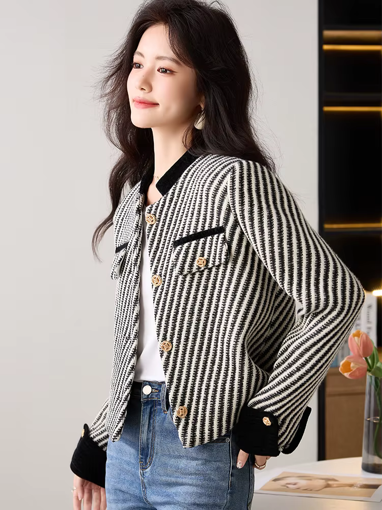 Casual Single Breasted Standard Long Sleeve Non Stretch Striped Blazer - Image 2