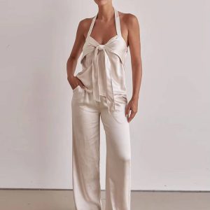 Casual Sleeveless Tank Top With High Waist Wide Pants Loose Satin 2 Piece Sets