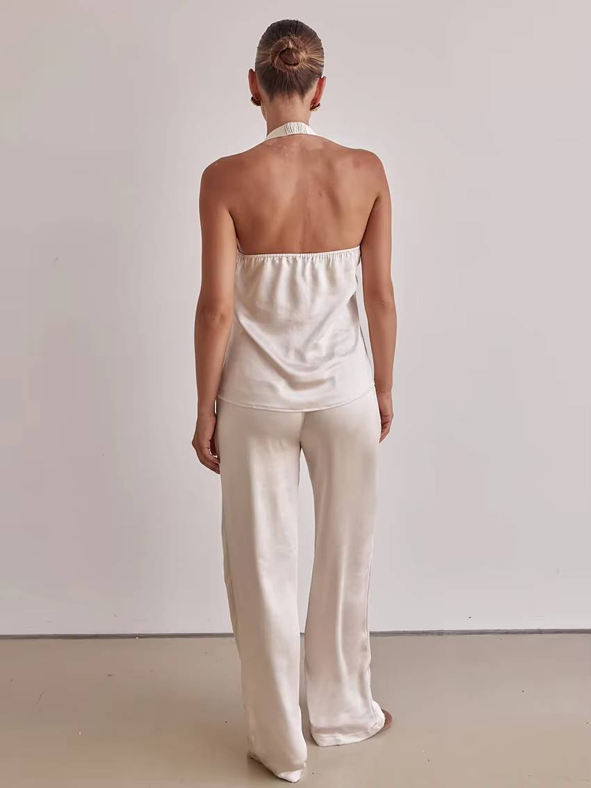 Casual Sleeveless Tank Top With High Waist Wide Pants Loose Satin 2 Piece Sets - Image 5