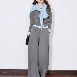 Casual Slicing High Elasticity T-shirt With Wide Leg Casual Pants Two Piece Sets1 Casual Slicing High Elasticity T-shirt With Wide Leg Pants Two Piece Sets