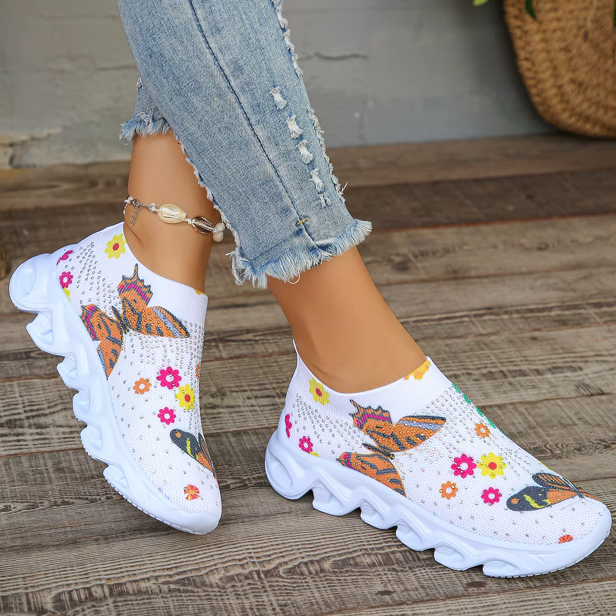 Casual Slip On Crystal Butterfly Knitted Platform Sneakers Shoes - Image 2