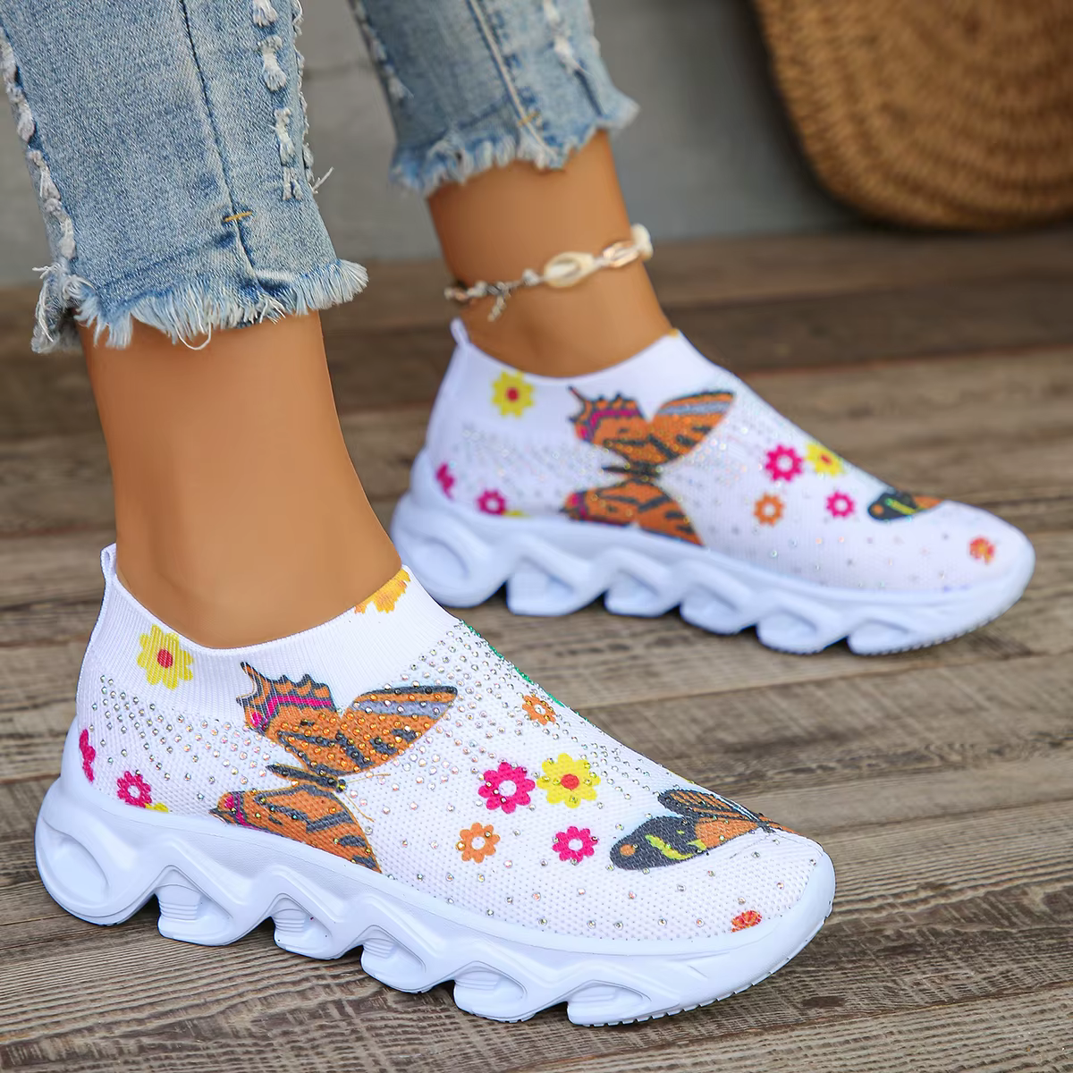 Casual Slip On Crystal Butterfly Knitted Platform Sneakers Shoes