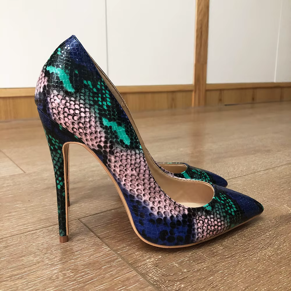 Casual Snake Printed Leather Stiletto Pointed Toe Slip Pumps High Heels - Image 7