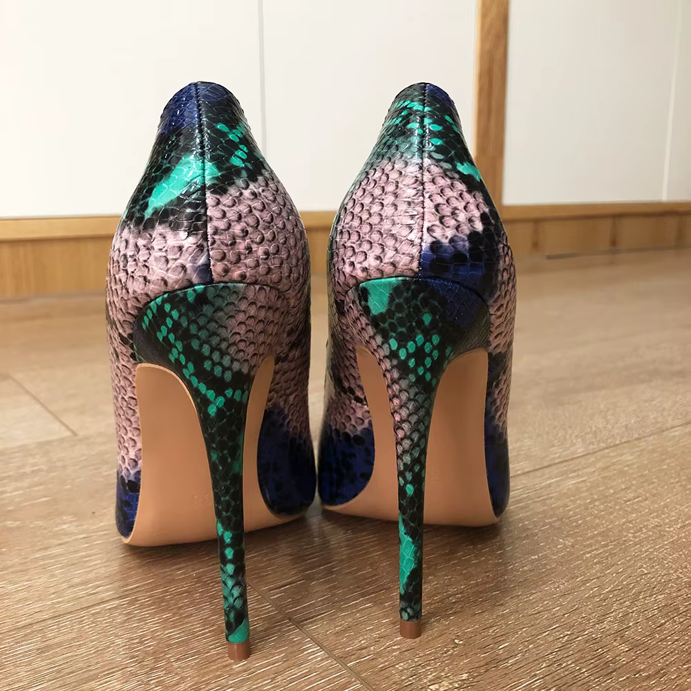 Casual Snake Printed Leather Stiletto Pointed Toe Slip Pumps High Heels - Image 6