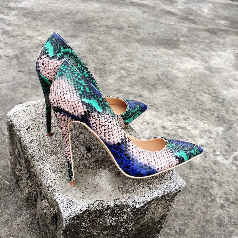 Casual Snake Printed Leather Stiletto Pointed Toe Slip Pumps High Heels - Image 2