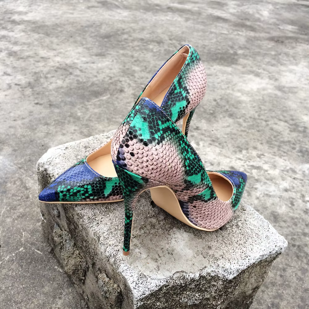 Casual Snake Printed Leather Stiletto Pointed Toe Slip Pumps High Heels - Image 3