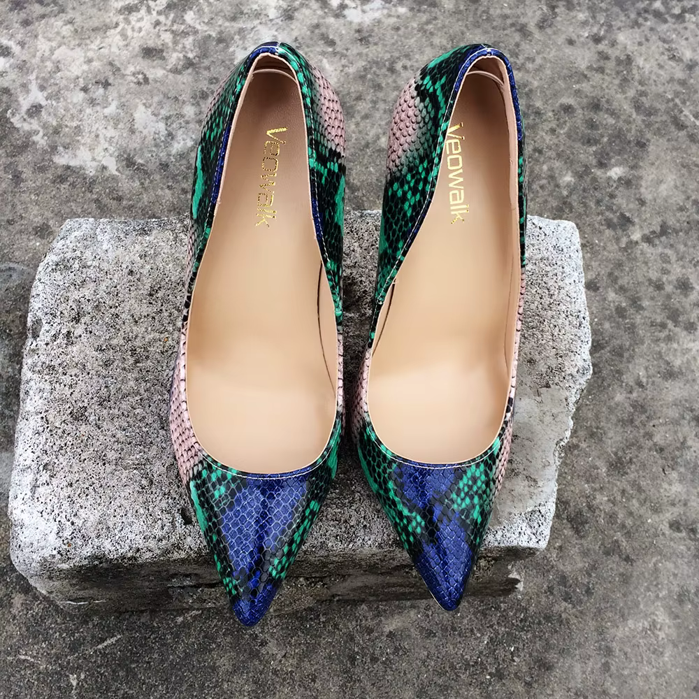 Casual Snake Printed Leather Stiletto Pointed Toe Slip Pumps High Heels - Image 5