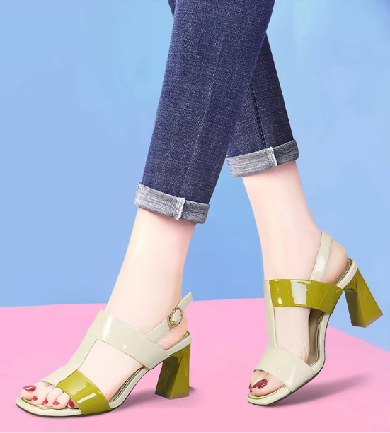 Casual Solid Buckle Strap Peep Open Toe Square High Heels - Image 5
