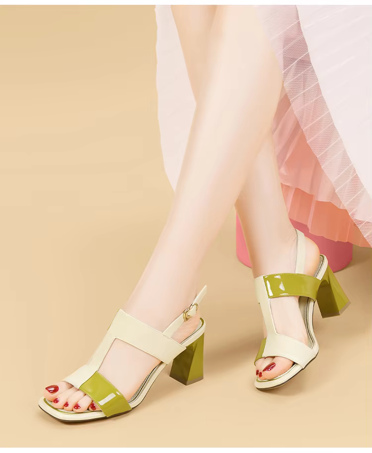 Casual Solid Buckle Strap Peep Open Toe Square High Heels - Image 6