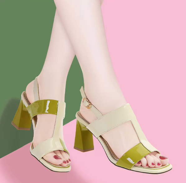 Casual Solid Buckle Strap Peep Open Toe Square High Heels - Image 7