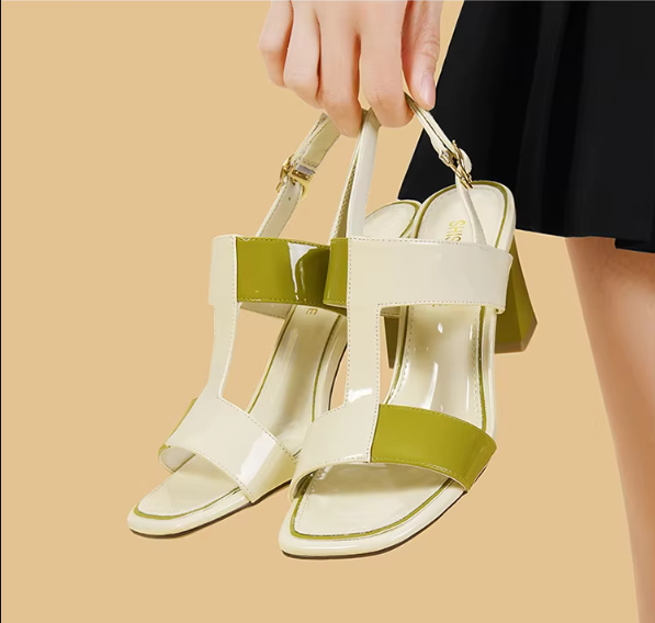 Casual Solid Buckle Strap Peep Open Toe Square High Heels - Image 9