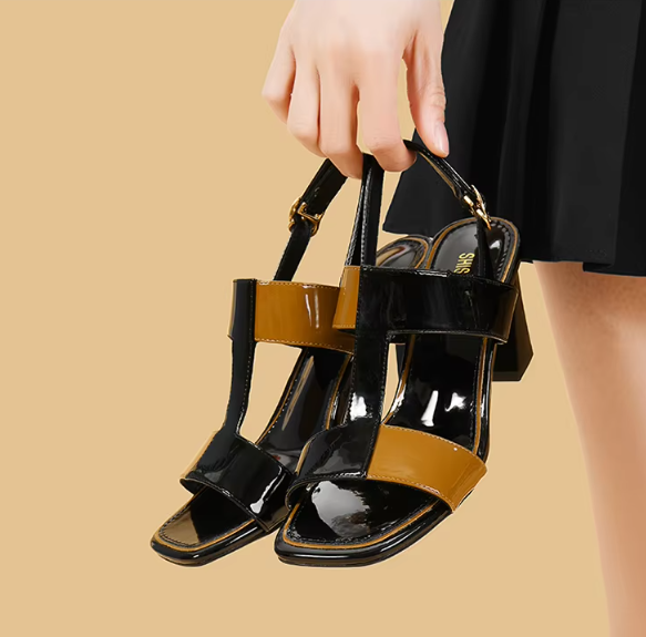 Casual Solid Buckle Strap Peep Open Toe Square High Heels - Image 4