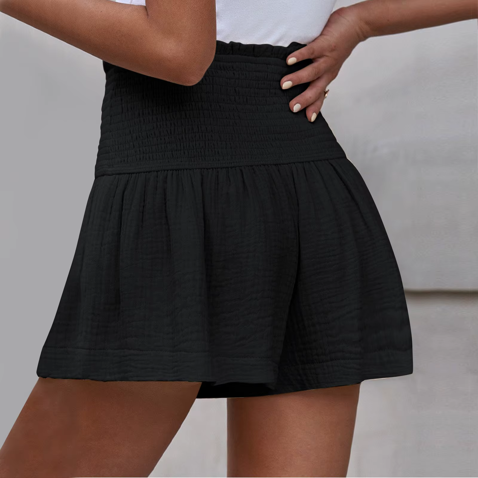 Casual Solid Color Breathable Elastic Waist Wide Leg Shorts - Image 9