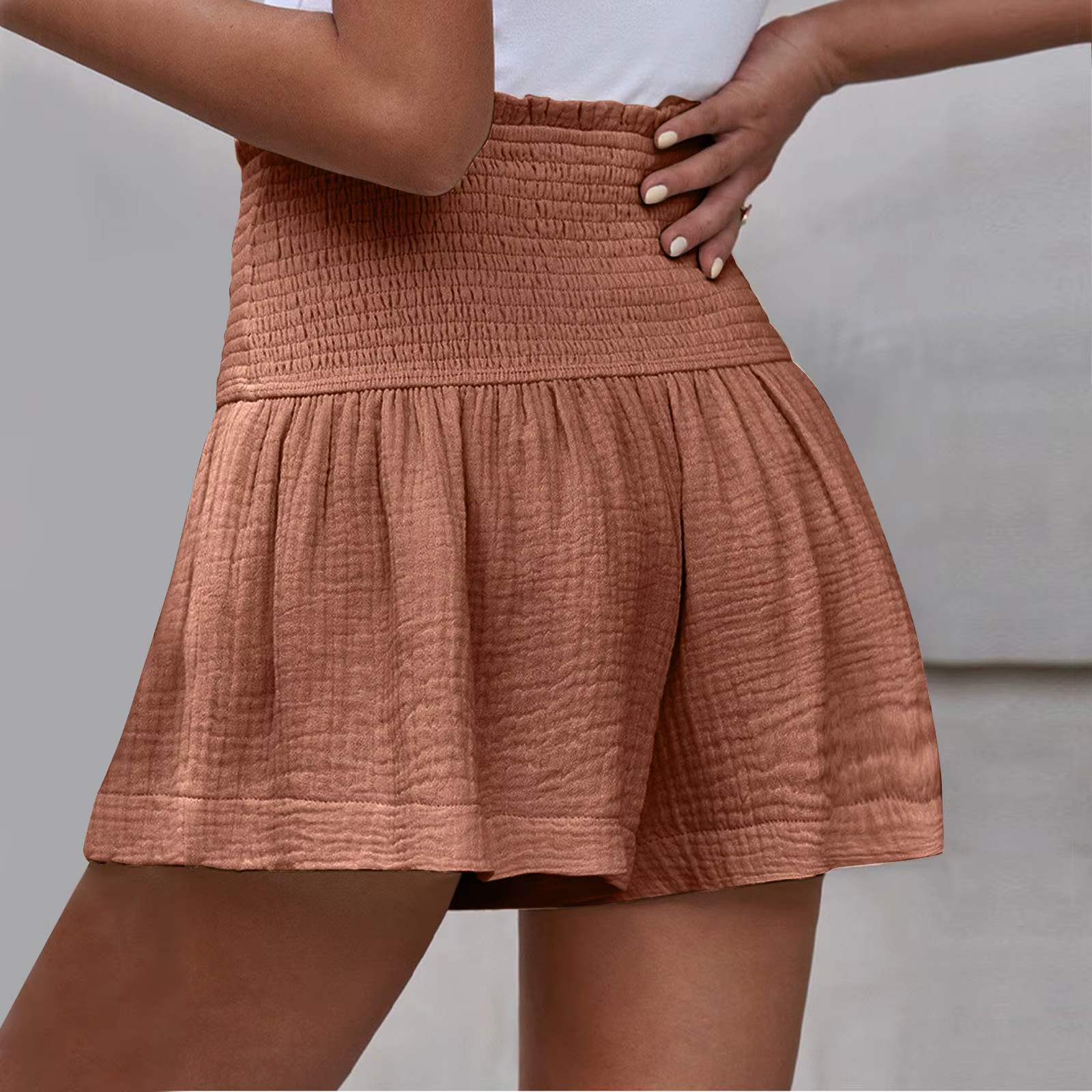 Casual Solid Color Breathable Elastic Waist Wide Leg Shorts - Image 3