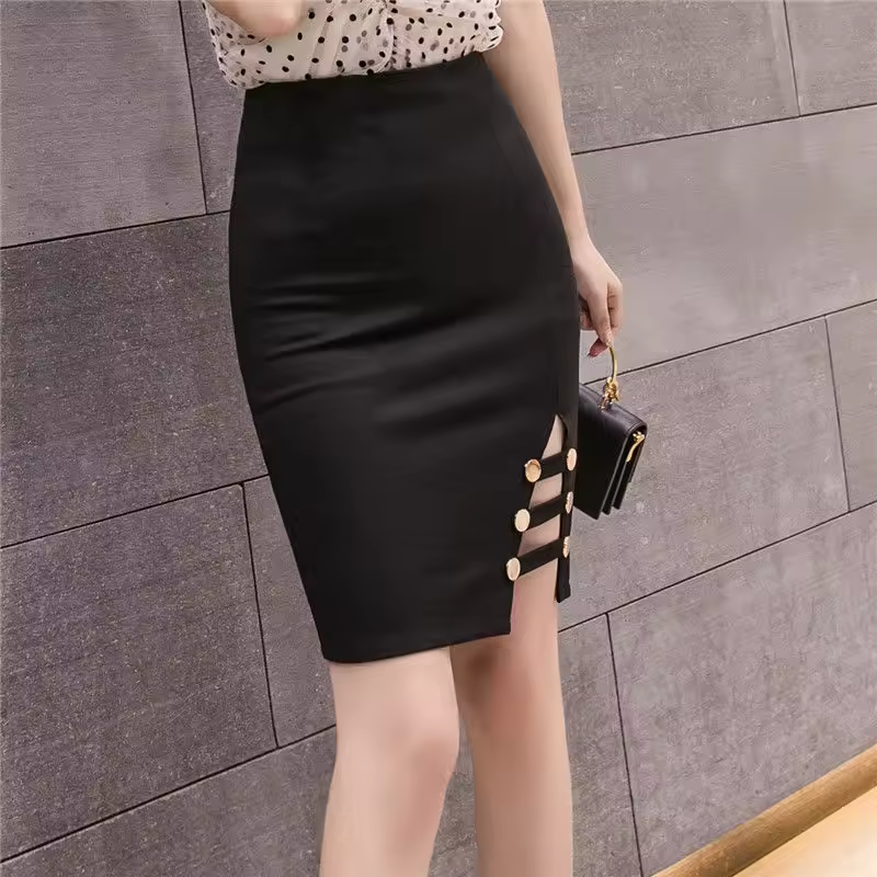 Casual Solid High Waist Button Asymmetrical Split Hip Wrap Mini Skirt