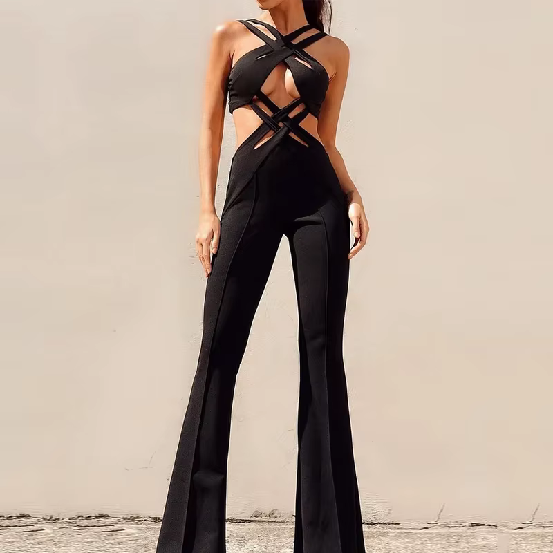 Casual Solid Sleeveless Hollow Out Backless With Button Flare Pants Jumpsuit
