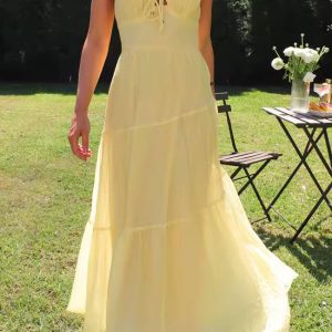 Casual Spaghetti Straps Front Bow Tied Stylish Smocked Sleeveless A-Line Maxi Dress