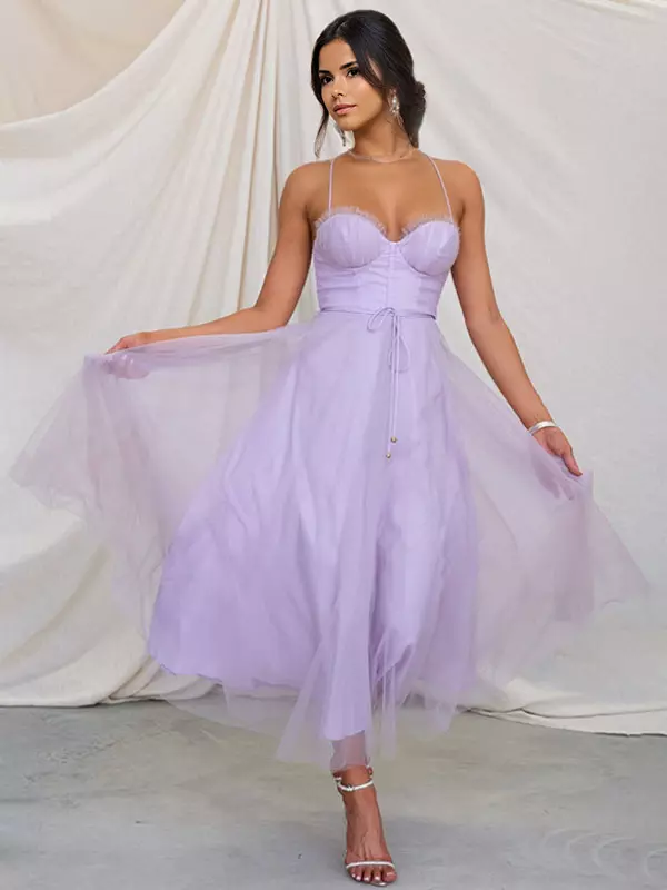 Casual Spaghetti Straps Shirred Lace-up Tulle Skirt Midi Dress - Image 7