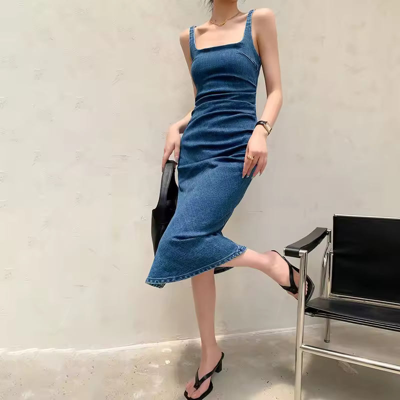 Casual Square Collar Slim Fit And Slimming Midi Length Dress