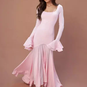 Casual Square Neck Polyester Long Sleeve Mermaid Maxi Dress