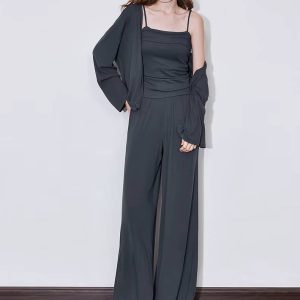 Casual Strap Bottom With Pockets Cardigan And Ankle-Length Wide Leg Pants
