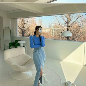 Casual Stylish High Waist Slim Package Mid-Calf Hip Non Stretch Split Skirts