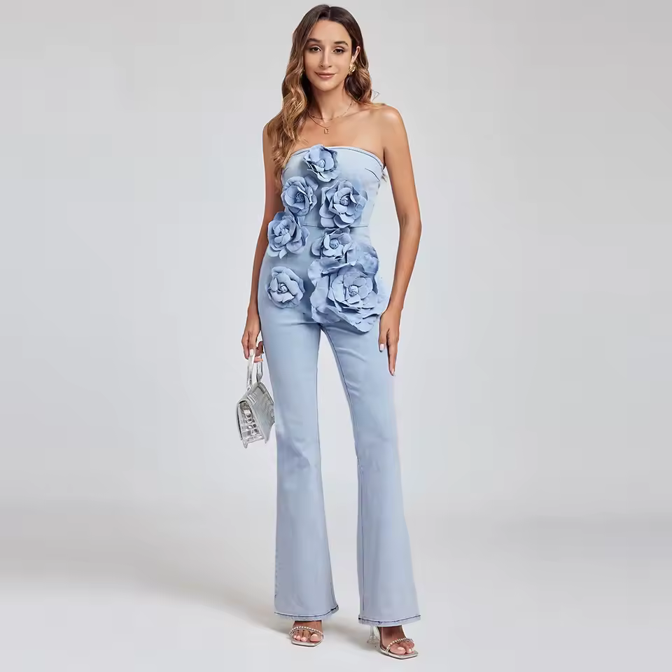 Casual Three-Dimensional Flower Strapless Slightly Flared Jumpsuit
