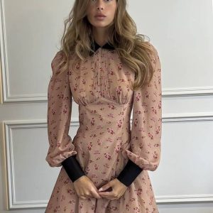 Casual Turn-down Collar Lapel Long Sleeve High Waist Loose Print Mini Dress