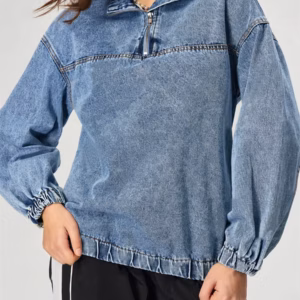 Casual Turn-down Collar Pullover Long Sleeve Zipper Front Loose Top