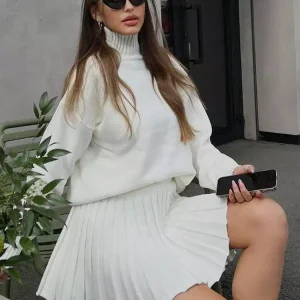 Casual Turtleneck Sweater And Pleated Skirt Two Piece Set