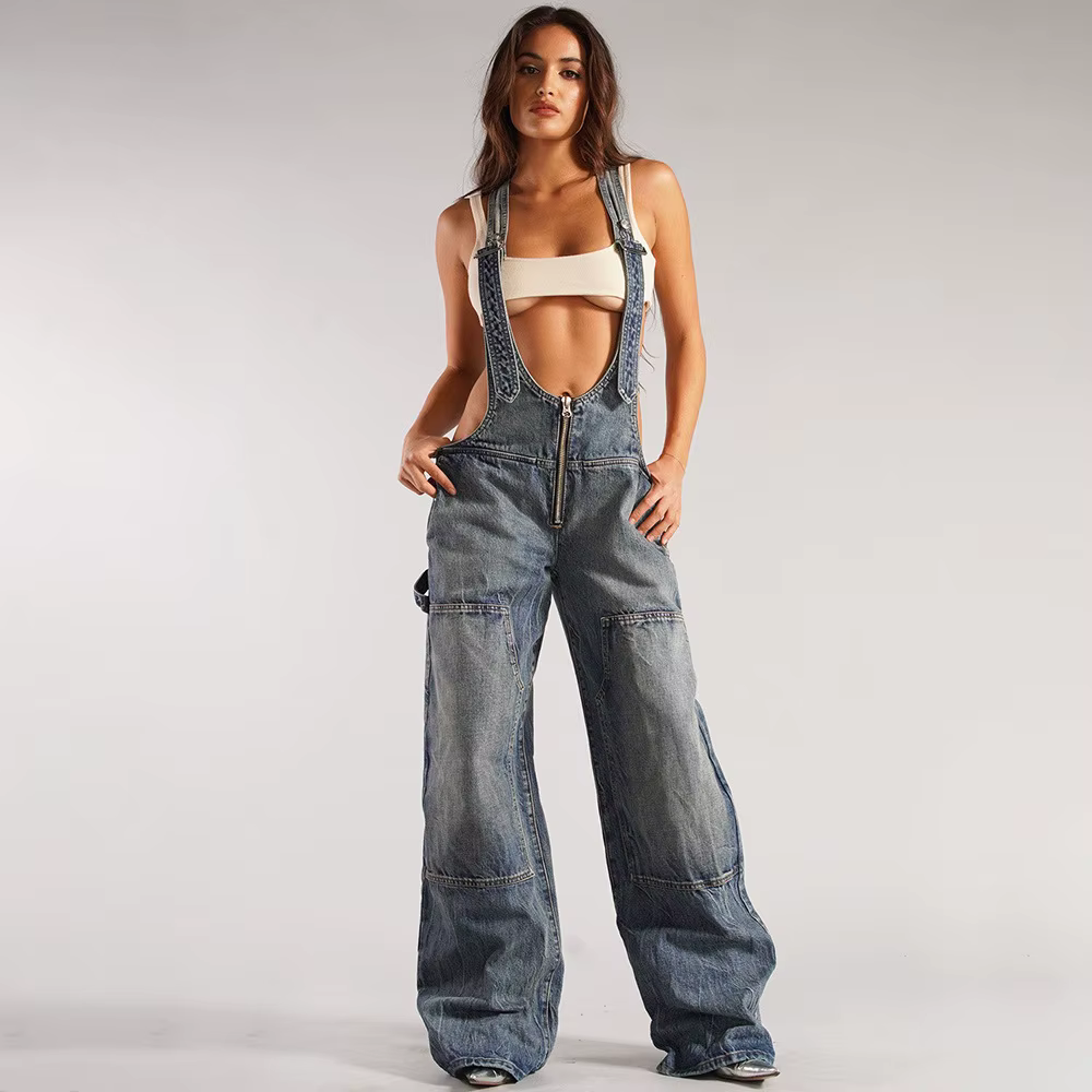 Casual V-Neck Adjustable Straps Loose Baggy Cargo Jean With Pockets Jumpsuits