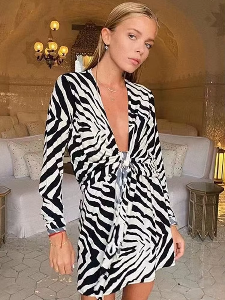 Casual V-Neck Outwear Long Sleeve Zebra Print Bandage Shirt Dresses - Image 3