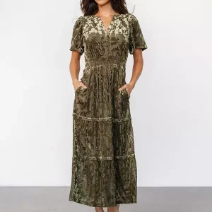 Casual Floral Print V-neck Short Sleeve Floral Velvet Dress