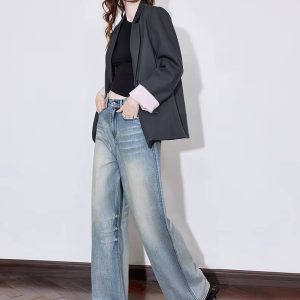 Casual Zipper Fly Mid Waist Non Stretch Wide Leg Straight Pant