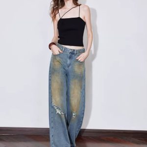 Casual Zipper Fly Mid Waist Straight Wide Leg Long Pants