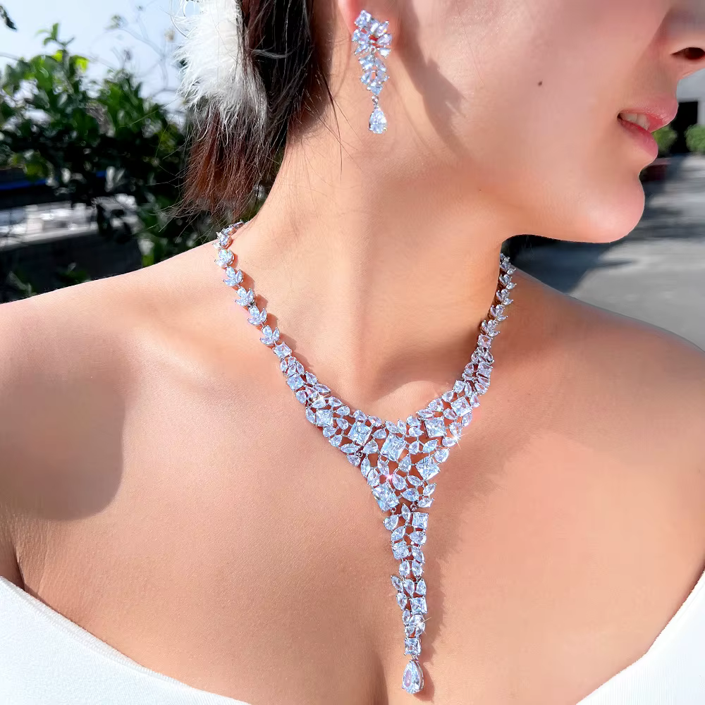 Cubic Zirconia Luxury Statement Large Wedding Necklace Earrings Jewelry Set - Image 2