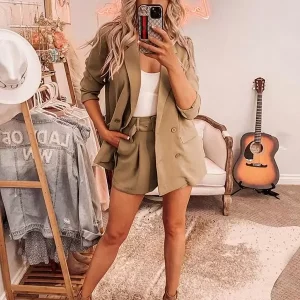 Classic Blazer Jacket Belt Short Pants Turndown Collar Two Piece Suit Set