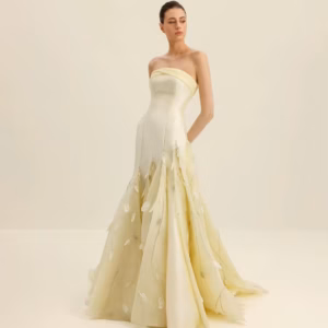 Classic High quality Tulle Tassel Feather Pleat A-line Strapless Long Dress