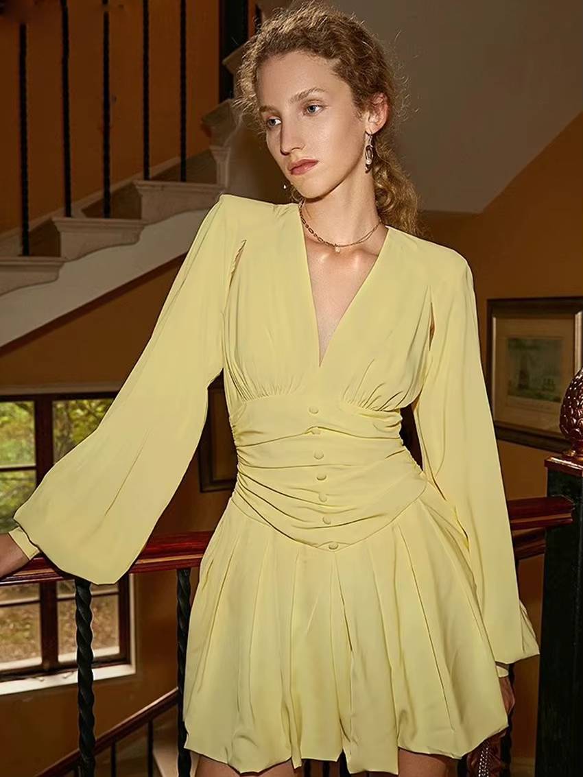 Classic Pullover High Waist V-Neck Long Sleeve Slim Mini Dress - Image 4