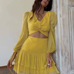 Classic Pullover Hollow Out V-Neck Long Sleeve Mini Dress