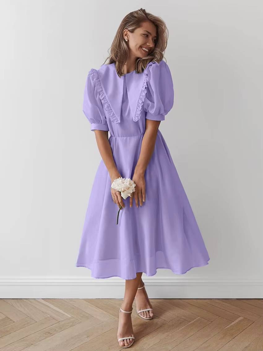 Classic Turn-down Collar Loose Lapel Short Sleeve High Waist Midi Dress
