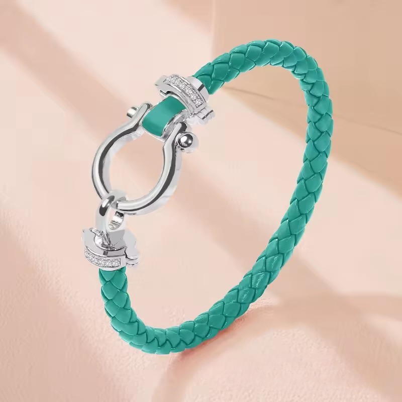 Classic U-Shape Copper Alloy Genuine Braided Leather Bracelet - Image 9