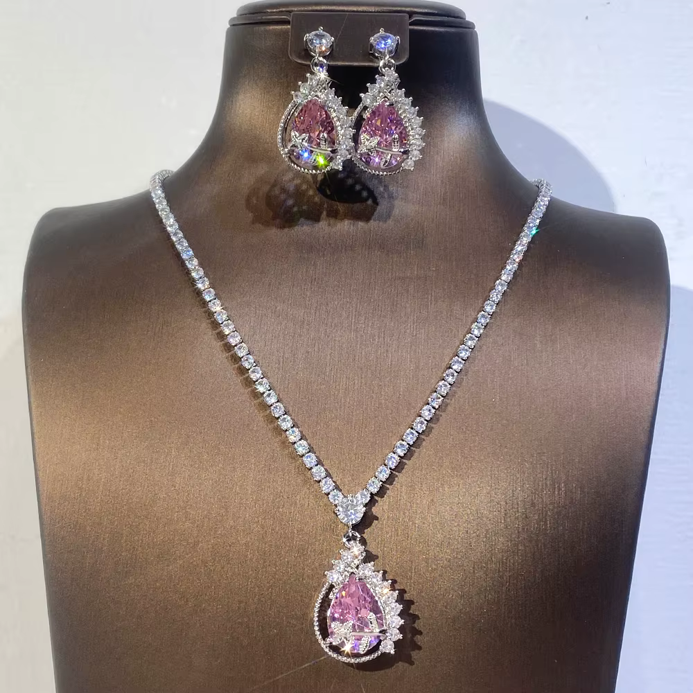 Classic Waterdrop Zircon Long Pendant Engagement Party Jewelry Set - Image 2